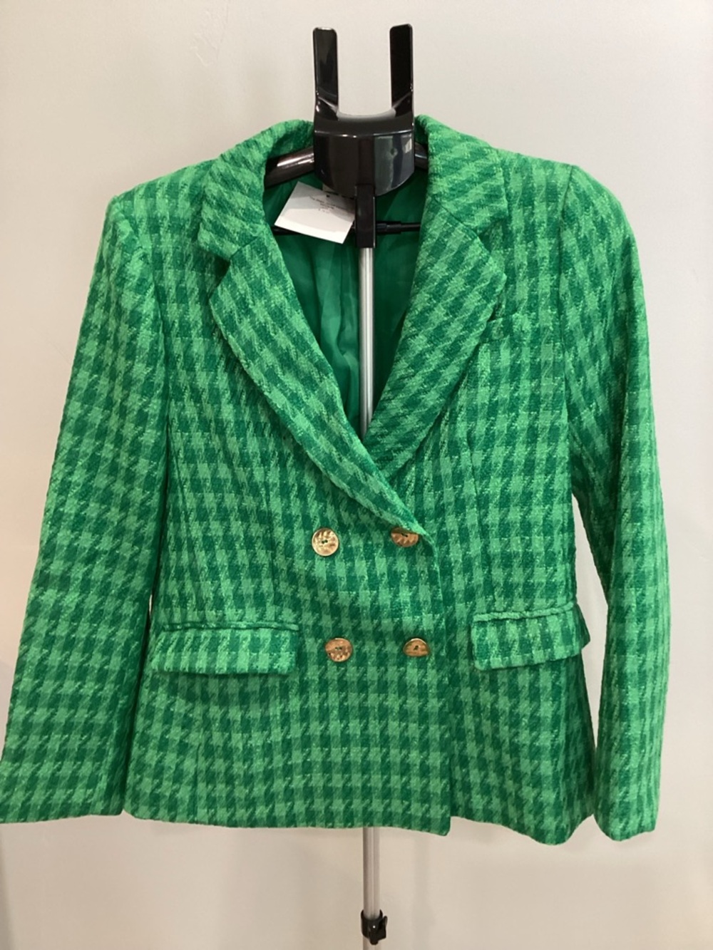 Women's Green Houndstooth Double-Breasted Blazer